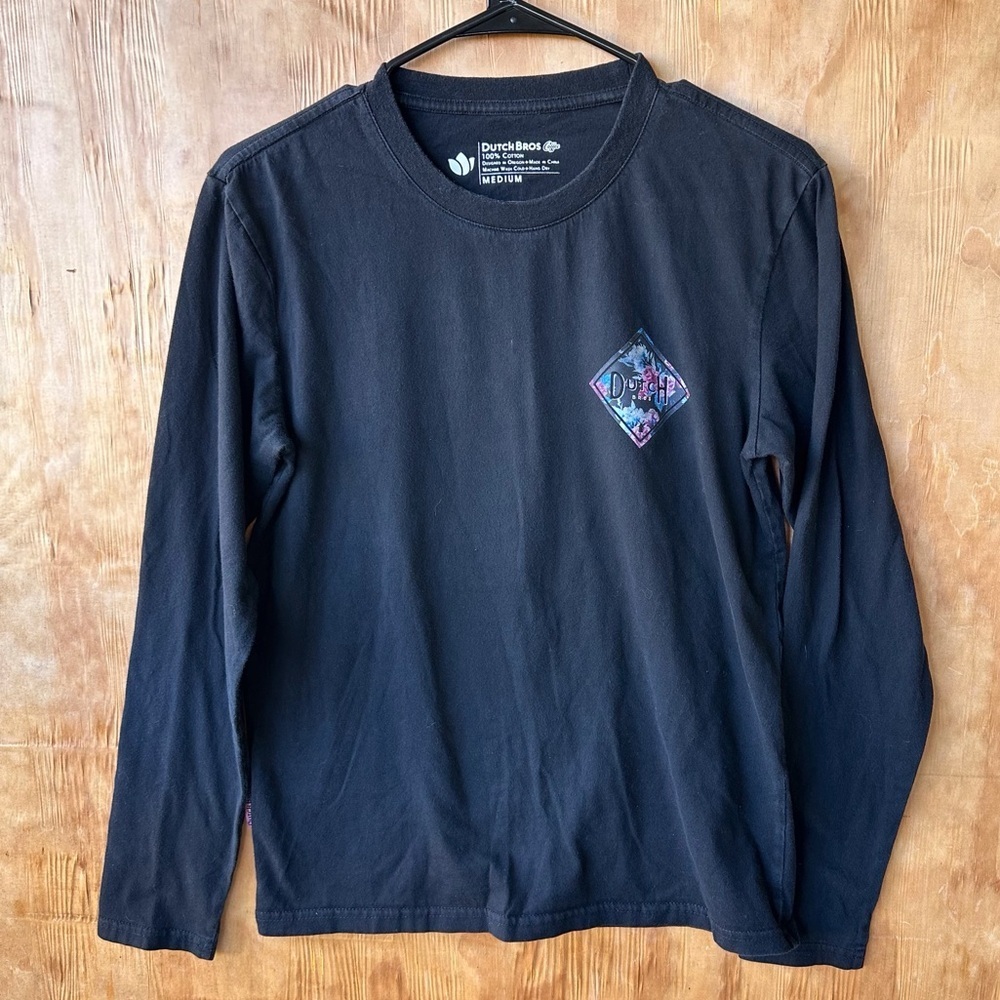 Dutch Bros Black Long Sleeve Floral Logo Design Tee Shirt